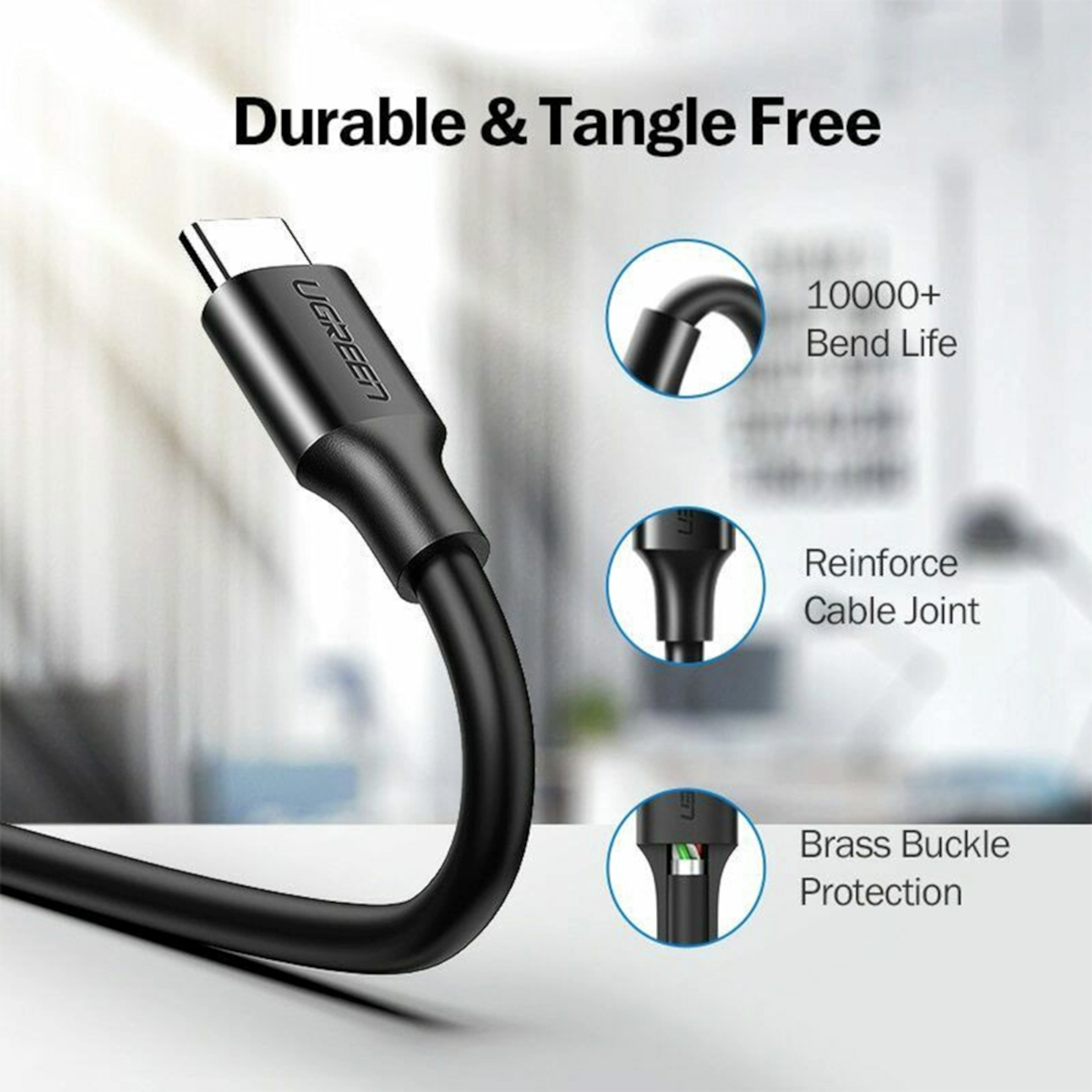 UGREEN Type-C to USB-A 3.0 Cable 1.5m – Fast Charging 3A, 5Gbps Sync – Black - Image 3